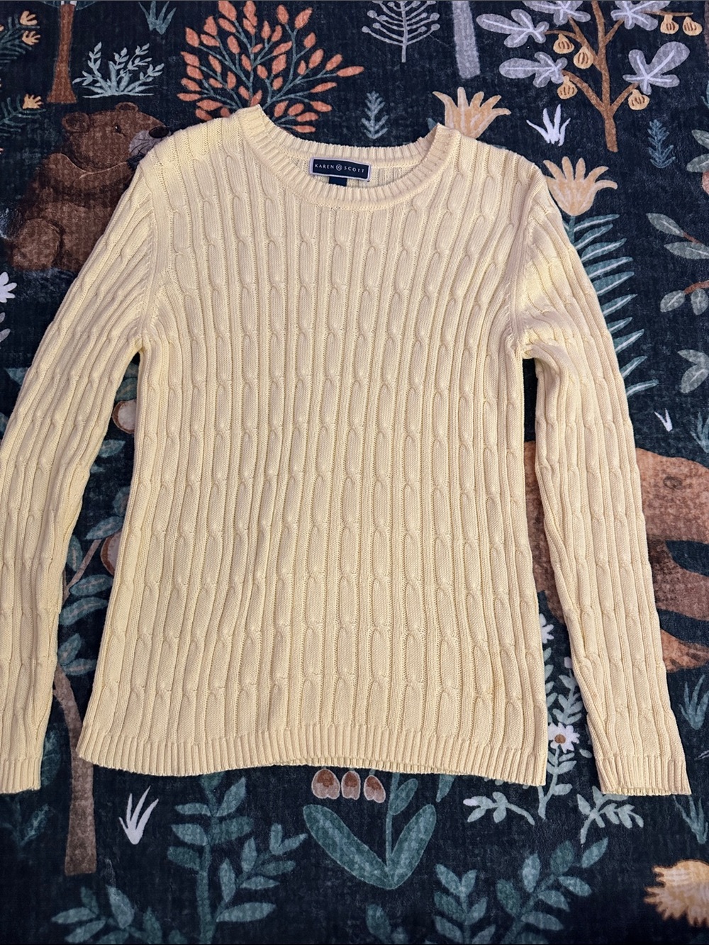 Karen Scott Pale Yellow Cable-Knit Crewneck Sweater